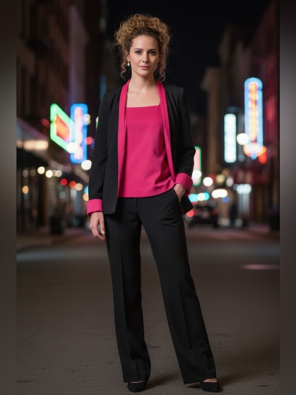 90s 3 PC BLACK CREPE JACKET WIDE LEG PANT & PINK SATIN SCOOP NECK TOP LUXURY 8